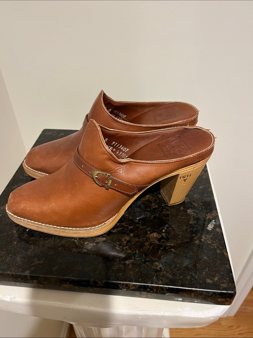 Frye Tan Leather Clog Mules with Buckle Strap